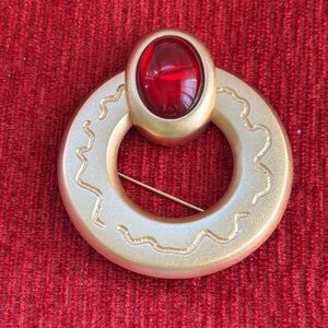 Monet Vintage Satin Gold Cabochon Red Brooch